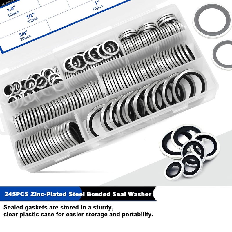 Daptemn 245 PCS SAE Bonded Sealing Washers Assortment Kit, 7 Size NBR Zinc-Plated Steel Self-Centred Sealing Rubber Washers, Automotive Seal Gasket Crush Washers Set, Includes Sizes of 1/8" - 1" - Image 4